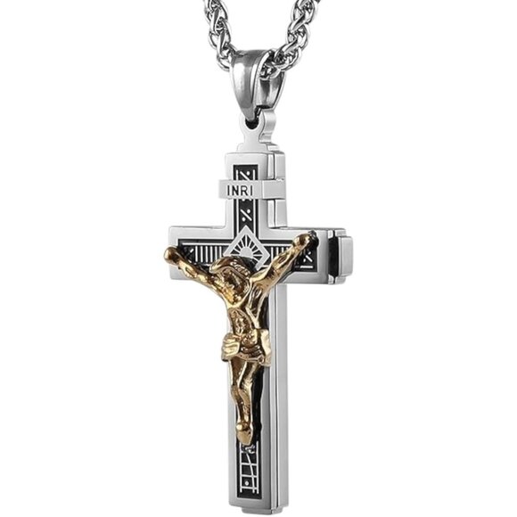 Catholic Holy Jesus Christ on INRI Cross Crucifix Pendant Necklace 22+2 Chain - Picture 6 of 6